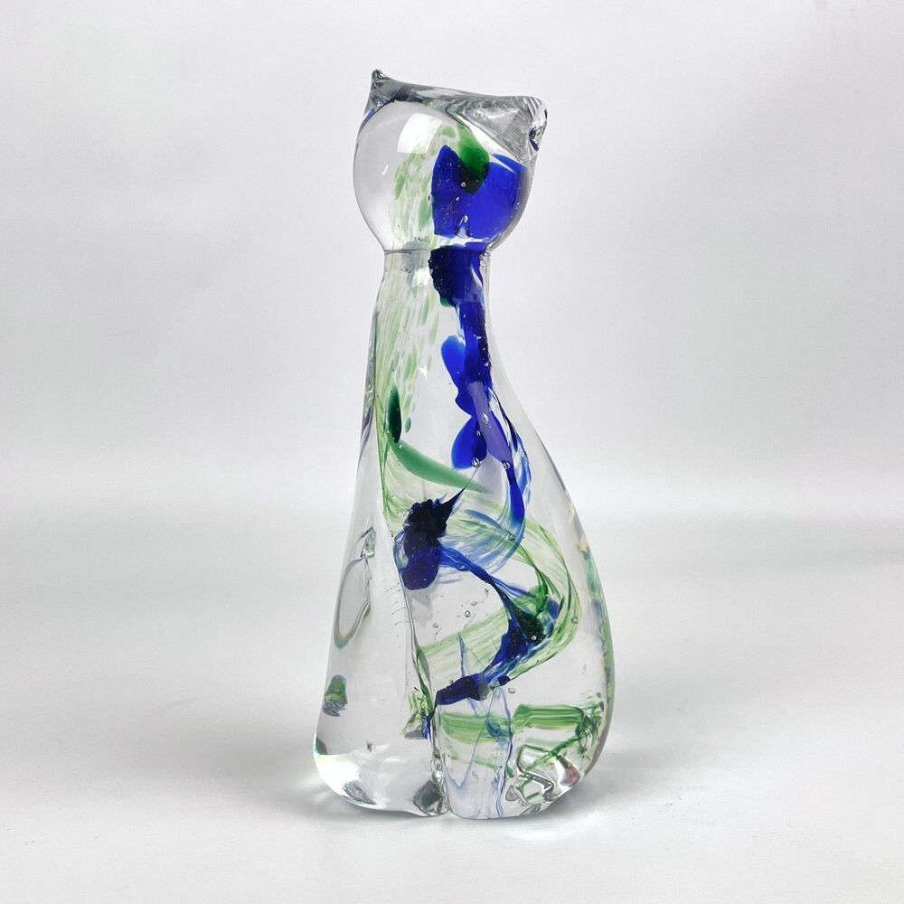 VTG Julia 24% Lead Crystal Cat Figurine Poland Art Glass Paperweight Blue Green
